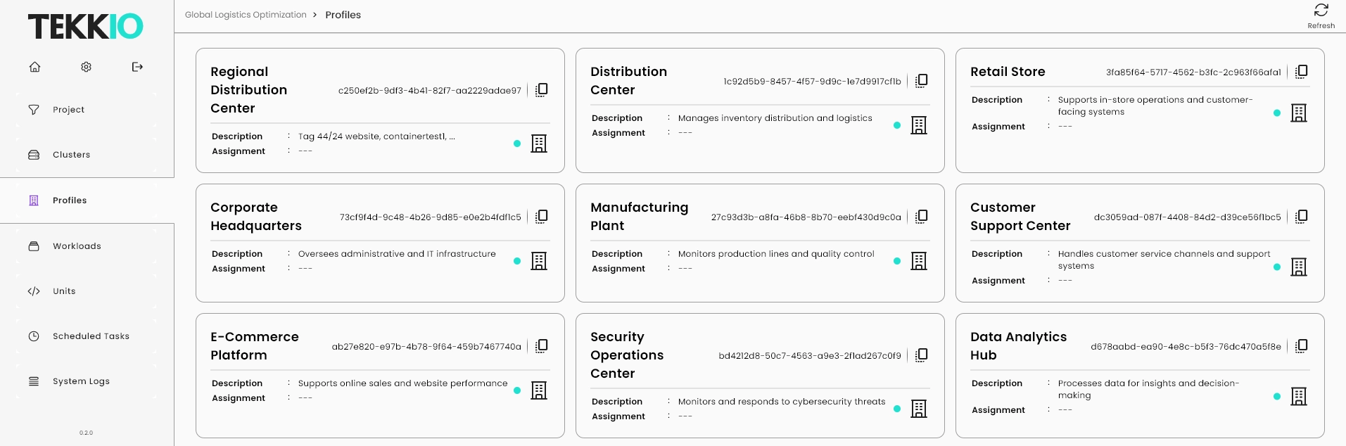 TekkioHub profiles screen.
