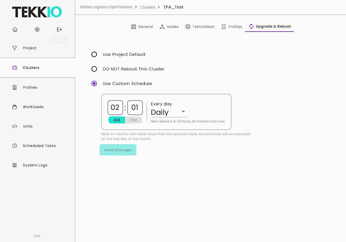 TekkioHub Reboot Schedule for Clusters
